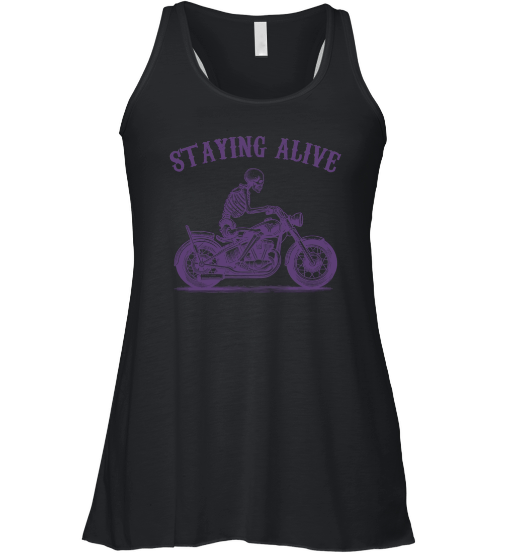 Staying Alive Skeleton riding Motorcycle L V2 Violet Women's Flowy Tank Top