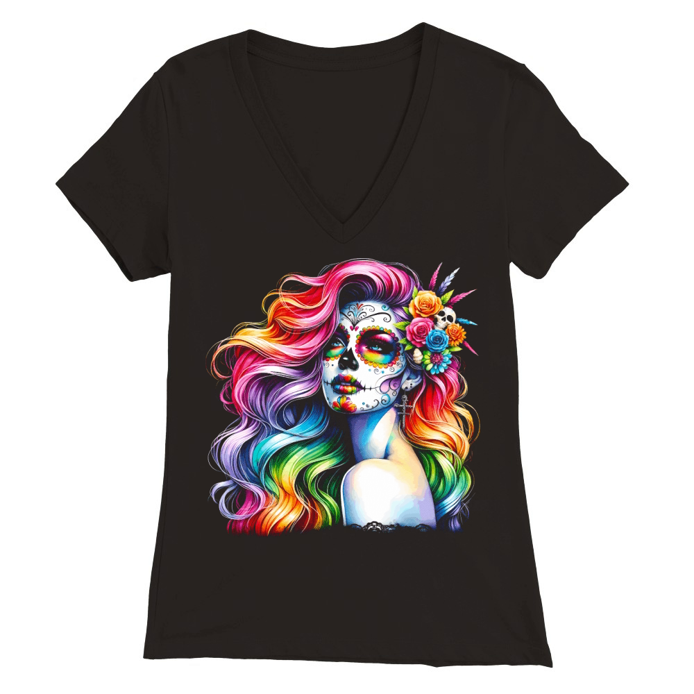 Colorful Day of the Dead Premium Womens V-Neck T-shirt