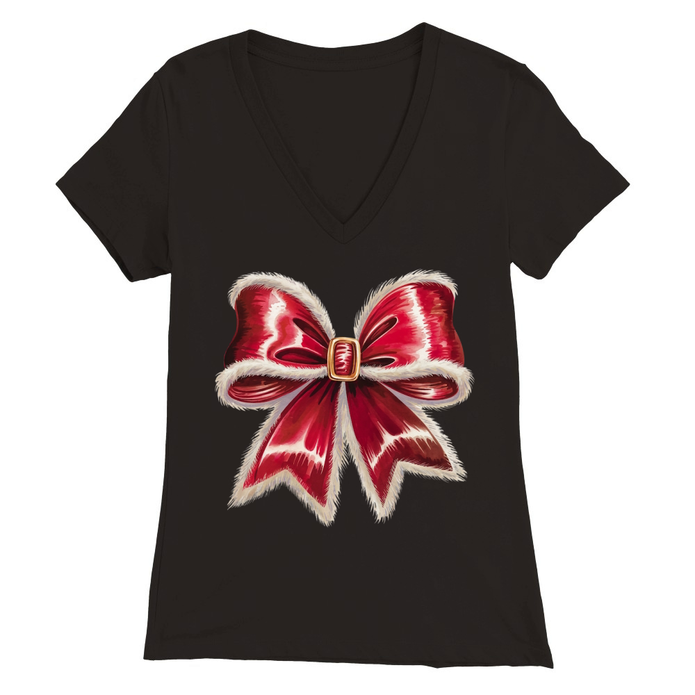 Santas Velvet Bow Holiday Premium Womens V-Neck T-shirt