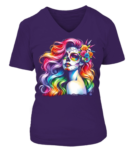 Colorful Day of the Dead V-neck T-Shirt Woman