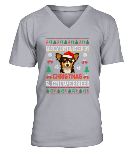 Easily distracted by christmas & chiweenies V-Neck T-shirt