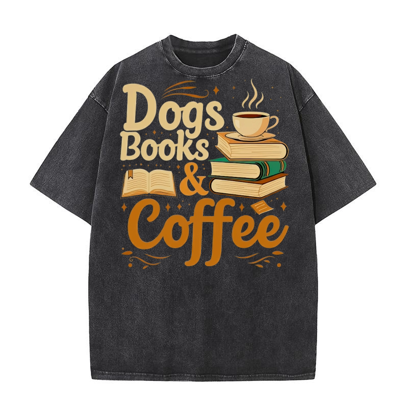 Dogs Books & Coffee Washed T-Shirt