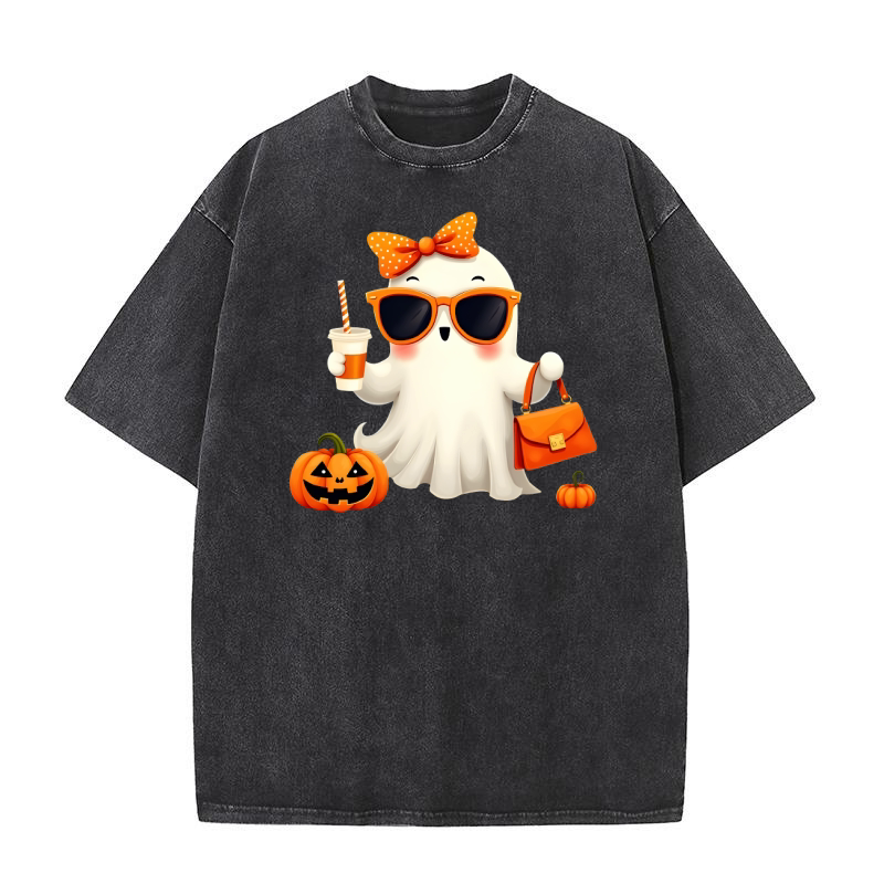 Halloween Coffee Ghost Cute Spooky Washed T-Shirt