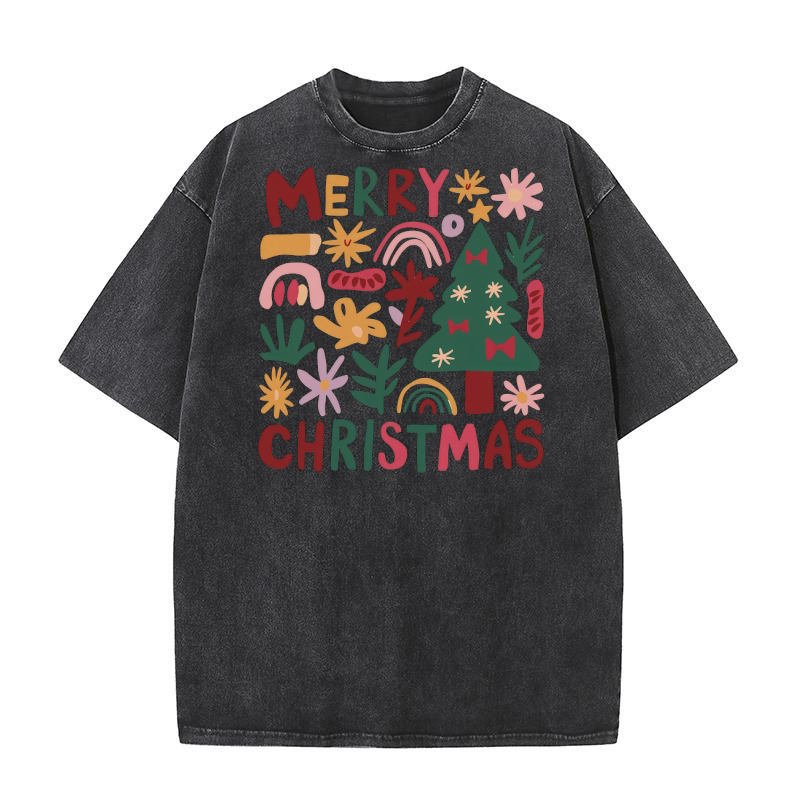 Merry Christmas Boho Flowers Washed T-Shirt