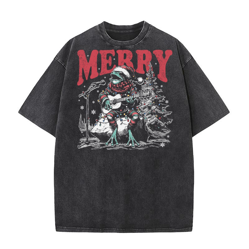 Merry Christmas Frog Playing Guitar D Black White Red Green 2 TR Washed T-Shirt