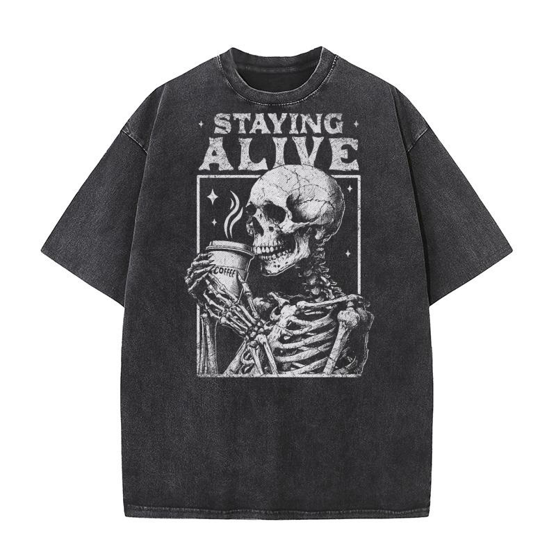 Staying Alive Skeleton Coffee D White GR Washed T-Shirt