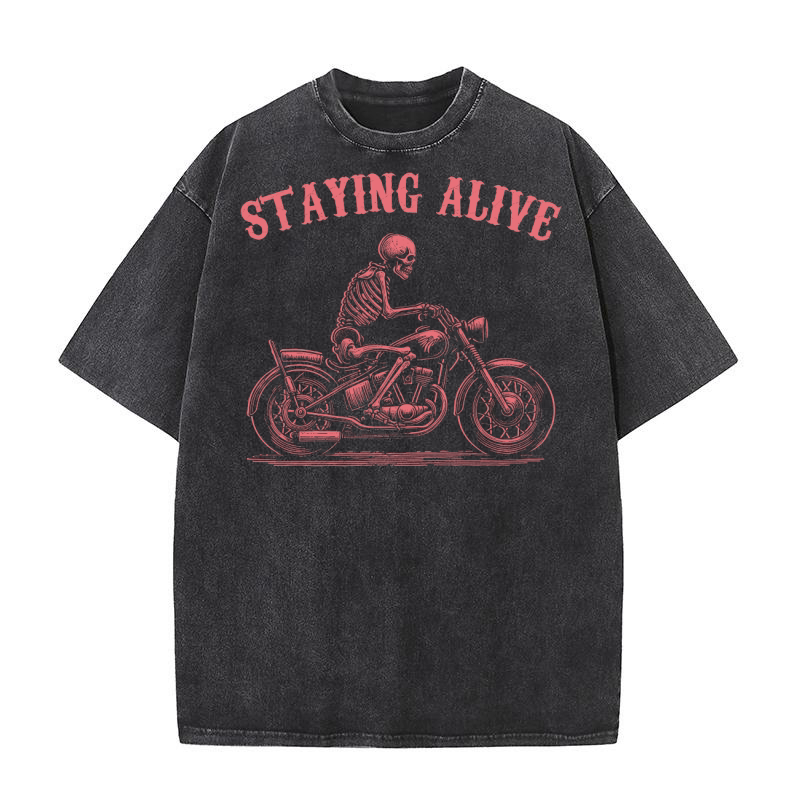 Staying Alive Skeleton riding Motorcycle D Red Washed T-Shirt