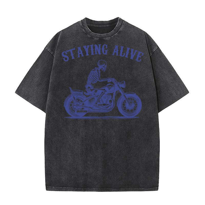 Staying Alive Skeleton riding Motorcycle L V2 vBlue Washed T-Shirt