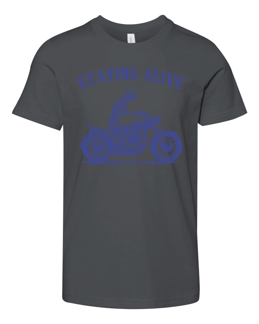 Staying Alive Skeleton riding Motorcycle L V2 vBlue Youth Unisex Jersey Tee