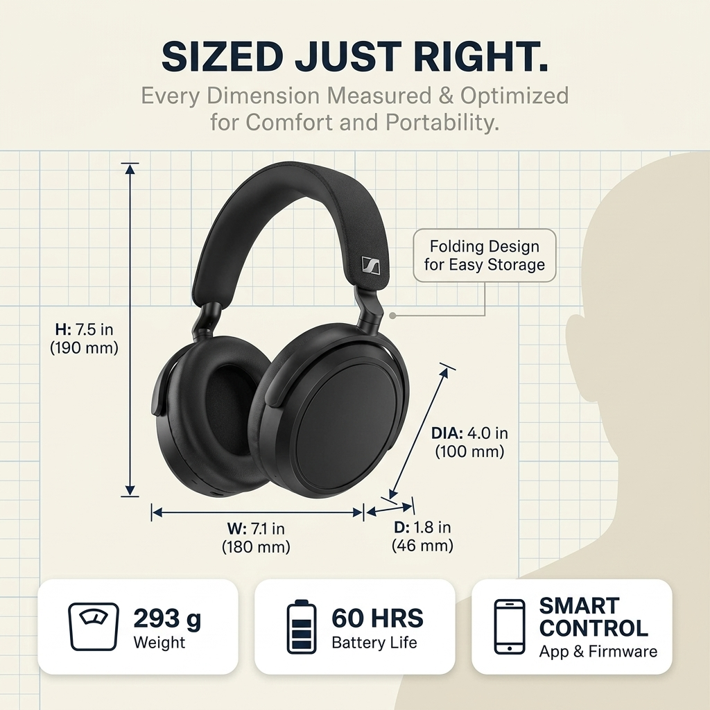 Sennheiser Momentum 4 Wireless Noise Cancelling Headphones - Bluetooth Headset for Crystal-Clear Calls with Adaptive Noise Cancellation, Over-Ear Headphones, 60h Battery Life, Folding Design, Black - Image 17