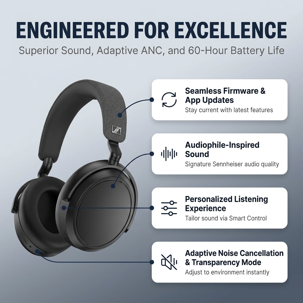 Sennheiser Momentum 4 Wireless Noise Cancelling Headphones - Bluetooth Headset for Crystal-Clear Calls with Adaptive Noise Cancellation, Over-Ear Headphones, 60h Battery Life, Folding Design, Black - Image 16