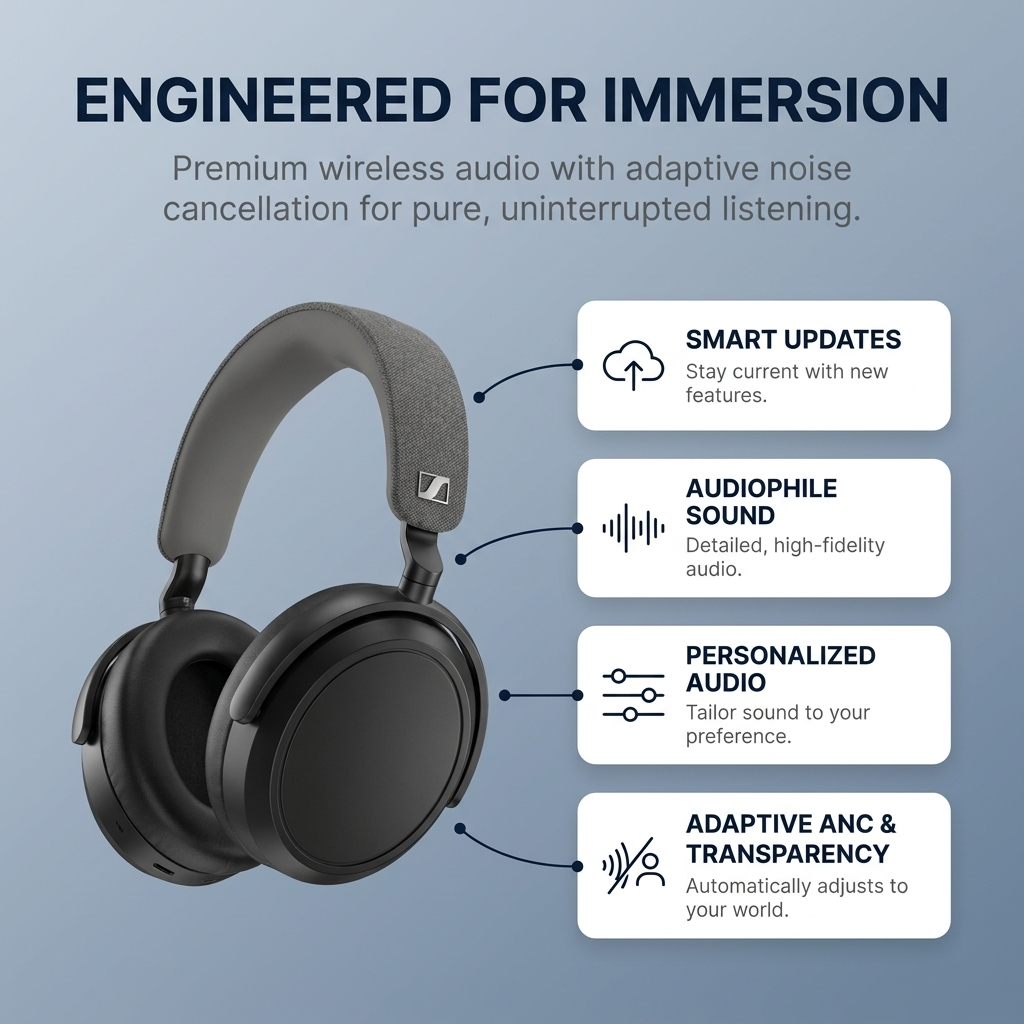 Sennheiser Momentum 4 Wireless Noise Cancelling Headphones - Bluetooth Headset for Crystal-Clear Calls with Adaptive Noise Cancellation, Over-Ear Headphones, 60h Battery Life, Folding Design, Black - Image 22