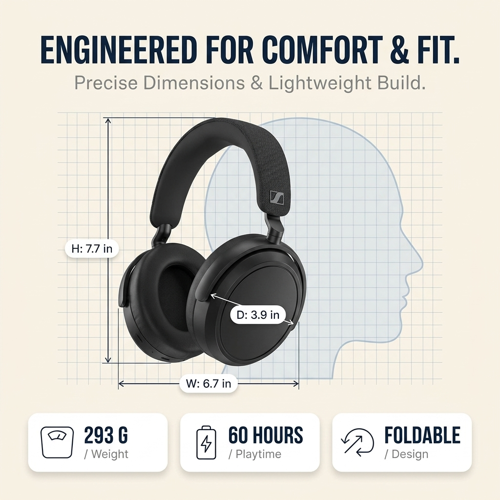 Sennheiser Momentum 4 Wireless Noise Cancelling Headphones - Bluetooth Headset for Crystal-Clear Calls with Adaptive Noise Cancellation, Over-Ear Headphones, 60h Battery Life, Folding Design, Black - Image 23