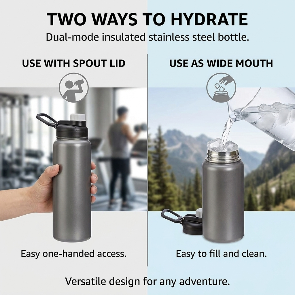Amazon Basics Large Insulated Stainless Steel Water Bottle, Leakproof Spout Lid, BPA-Free, Vacuum Insulated, Keeps Drinks Cold, Portable, 30.1 ounces, Gray - Image 14