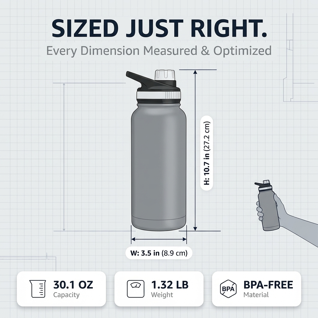 Amazon Basics Large Insulated Stainless Steel Water Bottle, Leakproof Spout Lid, BPA-Free, Vacuum Insulated, Keeps Drinks Cold, Portable, 30.1 ounces, Gray - Image 11