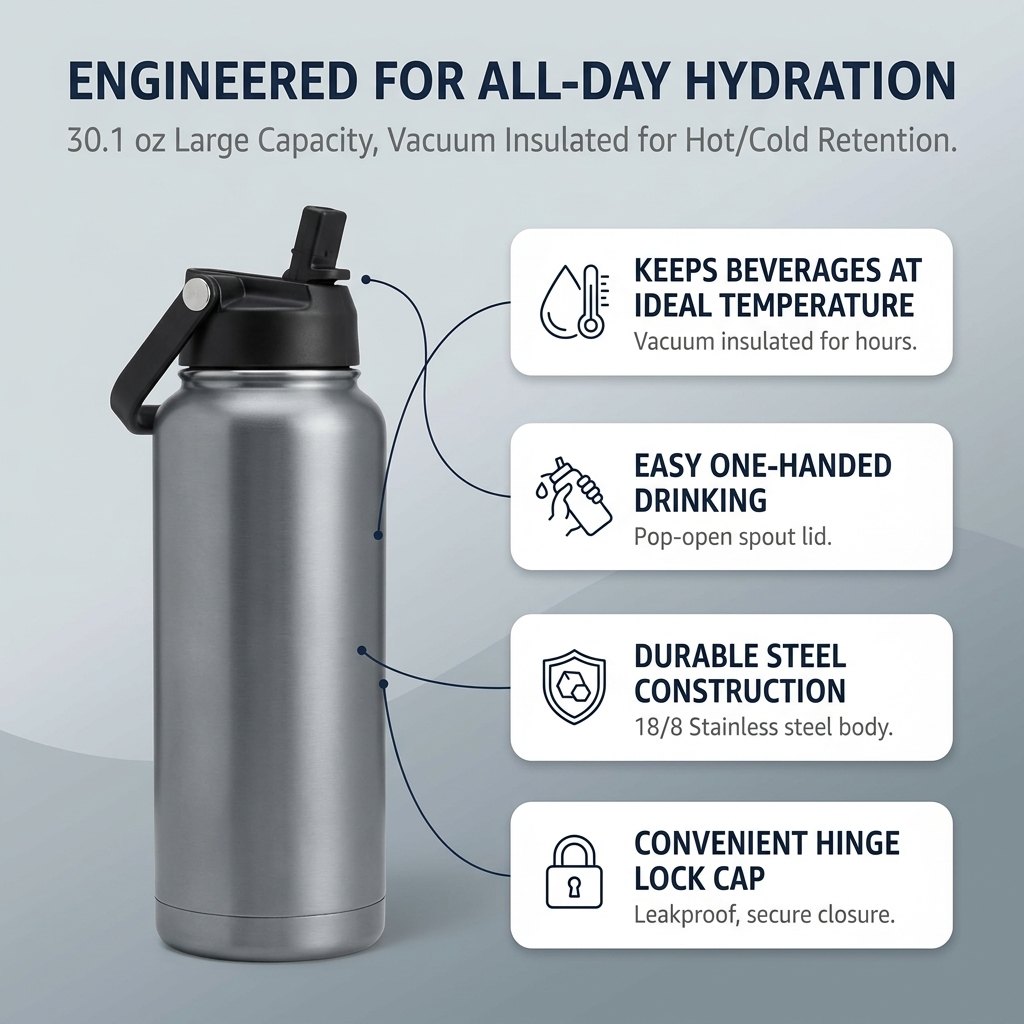 Amazon Basics Large Insulated Stainless Steel Water Bottle, Leakproof Spout Lid, BPA-Free, Vacuum Insulated, Keeps Drinks Cold, Portable, 30.1 ounces, Gray - Image 10