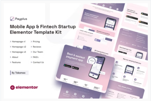 Payplus | Mobile App & Fintech Startup Elementor Template Kit