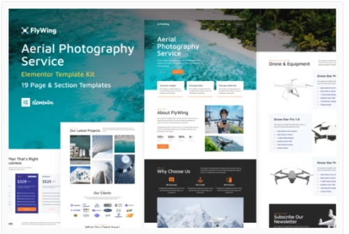FlyWing - Drone Aerial Video & Photography WordPress Elementor Template Kit