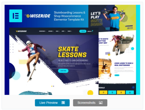 WiseRide - Skateboarding Lessons & Shop Woocommerce Elementor Template Kit