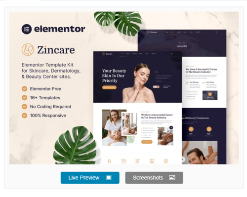 Zincare – Skincare & Dermatology Elementor Template Kit