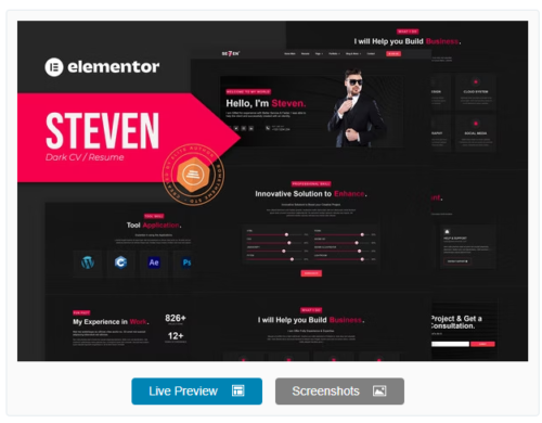 Steven - Dark CV Portfolio Resume Elementor Template Kit