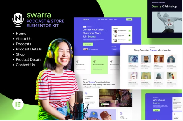 Swarra - Podcast Streaming & Merchandise Store Template Kit