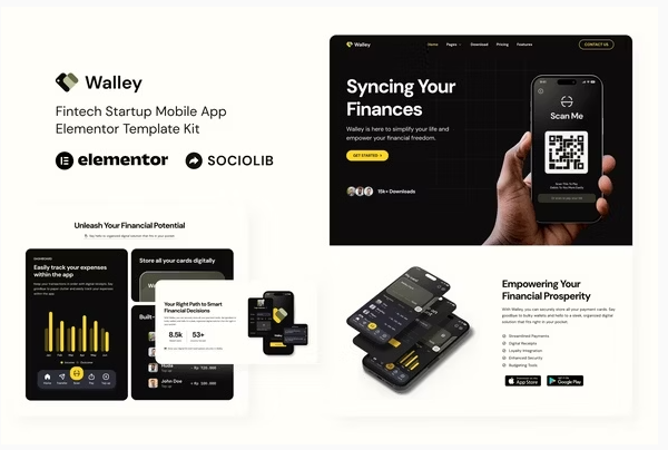 Walley - Fintech Startup Mobile App Elementor Template Kit