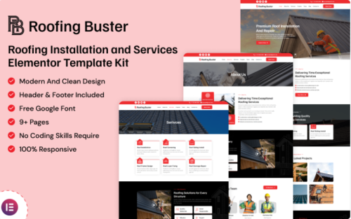 Roofing Buster - Roofing Installation and Services Elementor Template Kit Elementor Kit