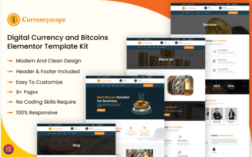 Currencyscape - Digital Currency and Bitcoins Elementor Template Kit Elementor Kit