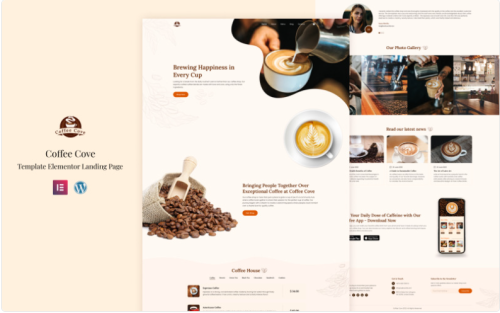 bar ,cafe ,cafeteria, clean, coffee ,creative ,customer ,design, drinks, food ,foodie, hotel ,modern, restaurant, Coffee Cove - Coffee House Elementor Landing Page Elementor Kit