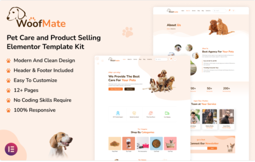 WoofMate - Pet Care and Product Selling Elementor Template Kit Elementor Kit