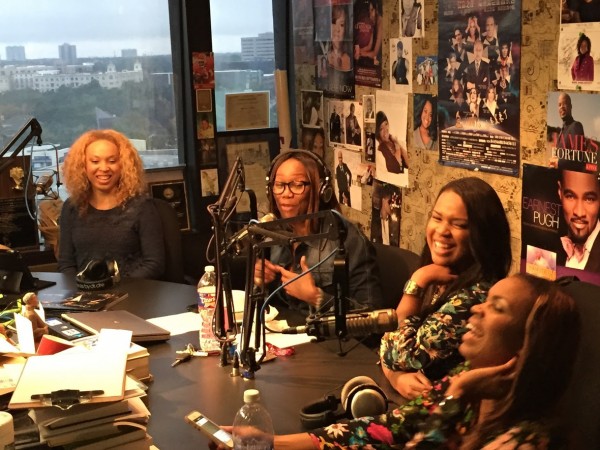 [L-R] Heather Martin, radio host Yolanda Adams, Karima Kibble and Ebony Holland in studio at The Yolanda Adams Morning Show in Houston, TX
