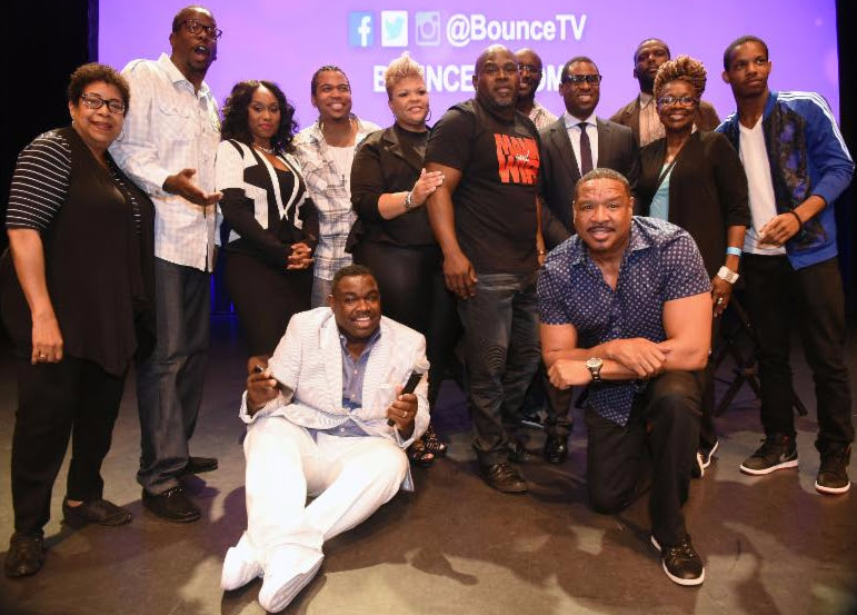 (L to R): Deidre McDonald, Executive Producer Bentley Kyle Evans, Family Time's Angell Conwell and Omar Gooding, Mann & Wife's Tamela and David Mann, Ryan Glover, VP of Original Programming at Bounce TV, Ri-Karlo Handy, Kathleen Bertrand, Demetrius Bridges and Comedian Rodney Perry pose following the screening of the new seasons of the Bounce TV shows Mann & Wife and Family Time at Georgia World Congress Center.