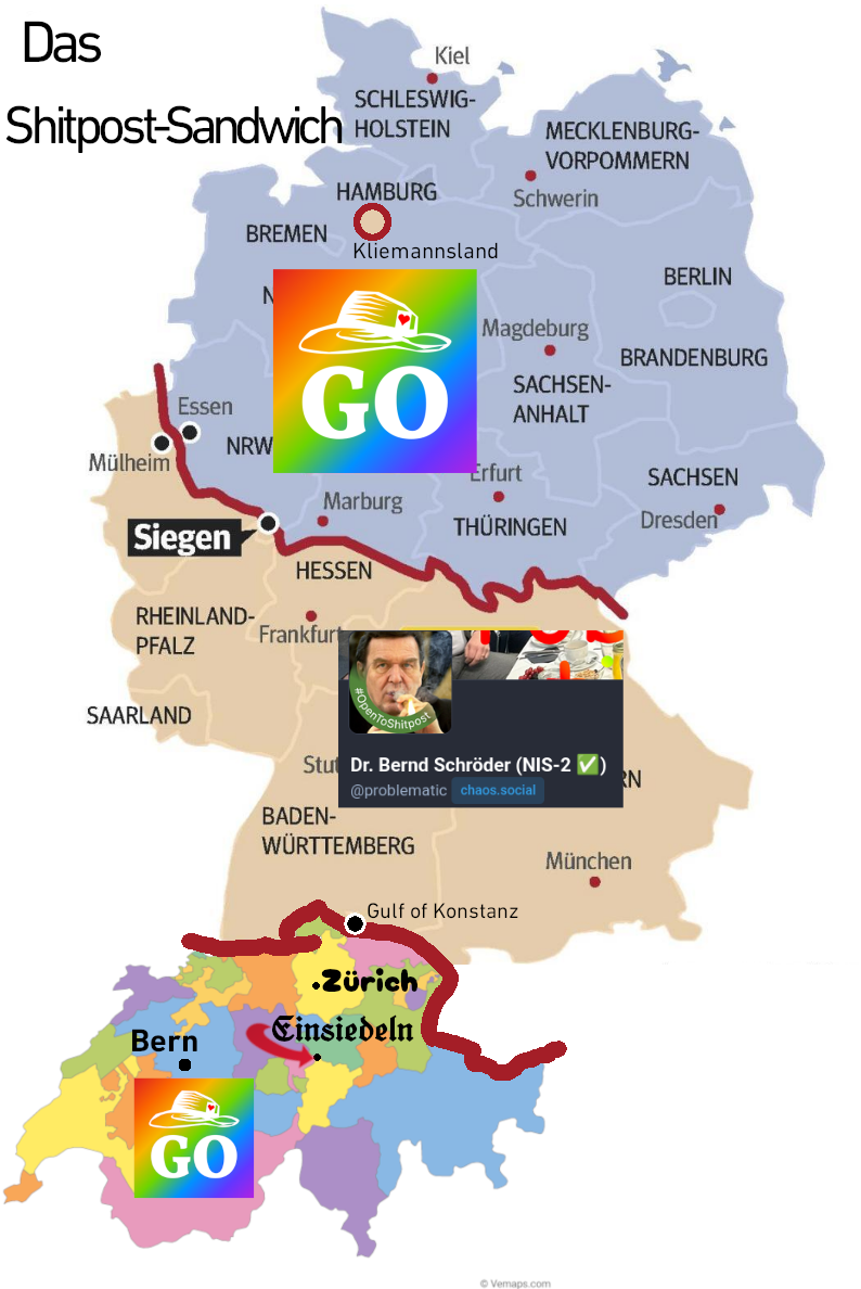 Das Shitpost-Sandwich
 
(Eine D_CH Karte, auf welcher die Problematic-Redaktion von Norddeutscher sowie Schweizer Seite durch die Geheimorganisation umzingelt wird. Das Kliemannsland können Sie gerne haben - das ist eh lost.)